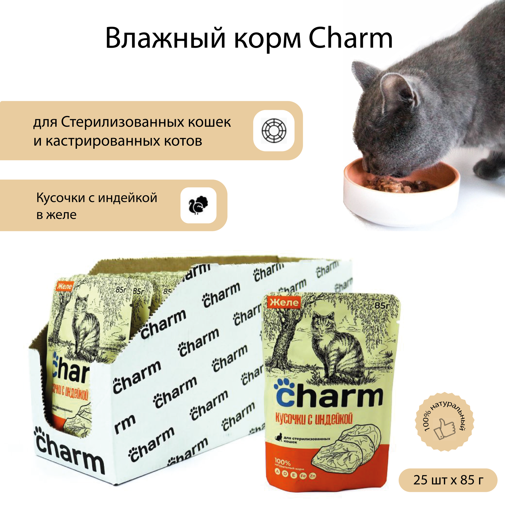 Влажный корм для стерилизованных кошек и кастрированных котов Charm Кусочки в желе с индейкой 85 г х 25 шт