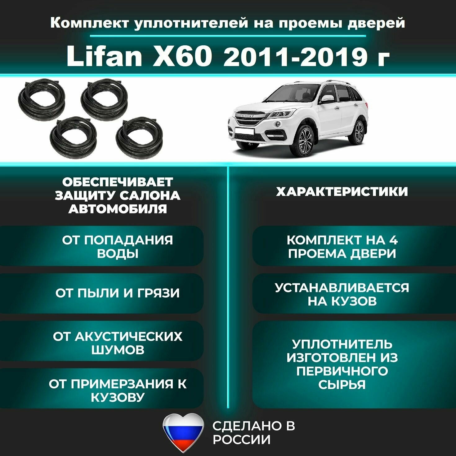 Комплект уплотнителей проемов дверей для Lifan X60 2011-2019 г, Лифан х60 (на 4 дверных проема - 2 передних и 2 задних)