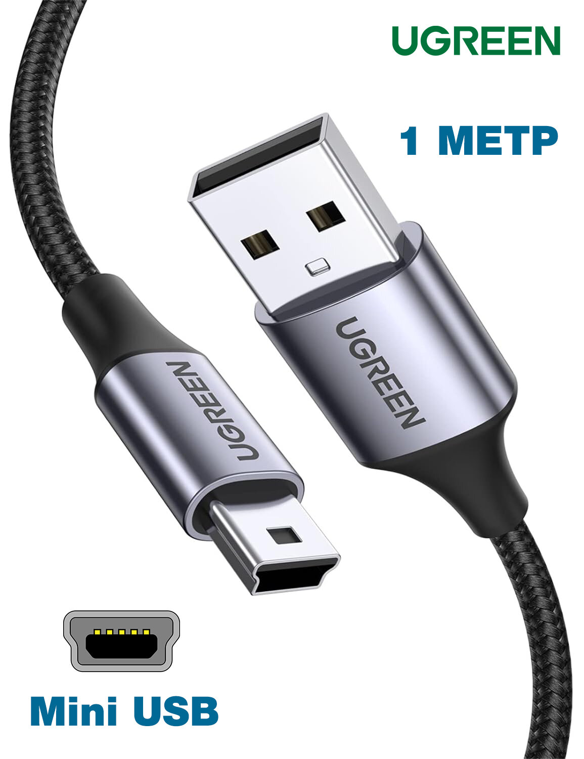 фото Кабель Mini USB - USB 100см UGREEN Gold Plated Cable для жестких дисков, видеорегистраторов, старых телефонов, mp3 плееров, мышек, клавиатур