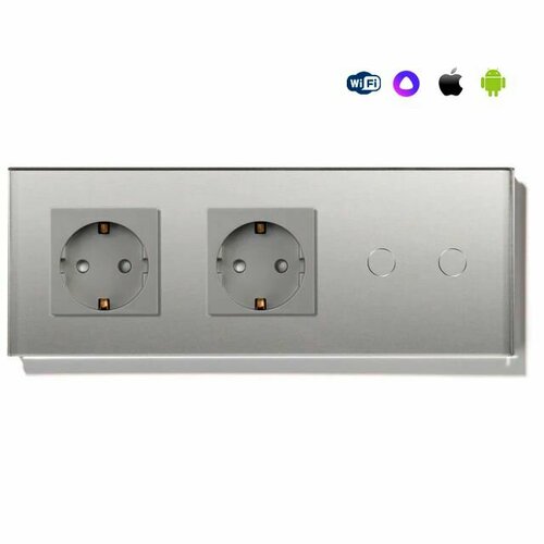 Сенсорный выключатель Wi-Fi 2 розетки 2 клавиши, 3 поста (2Eu+2G), с нулем, стекло 228х86мм, цвет серый