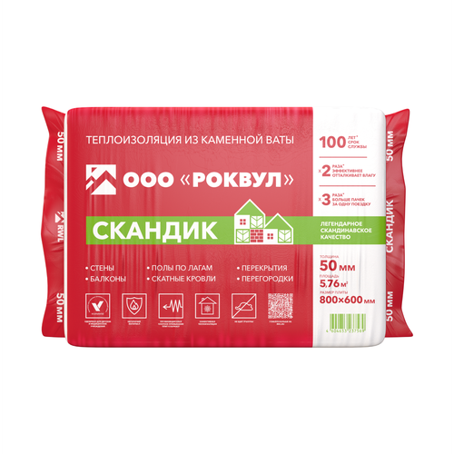 Теплоизоляция Роквул Лайт Баттс Скандик, 50 мм утеплитель роквул лайт баттс скандик 150х600х1200 мм 3 6 кв м