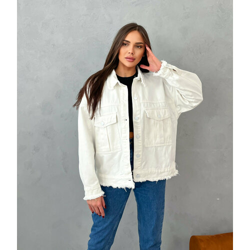 Джинсовая куртка , размер L (48-50), белый джинсовая куртка numph демисезон лето средней длины силуэт прямой без капюшона карманы размер s зеленый