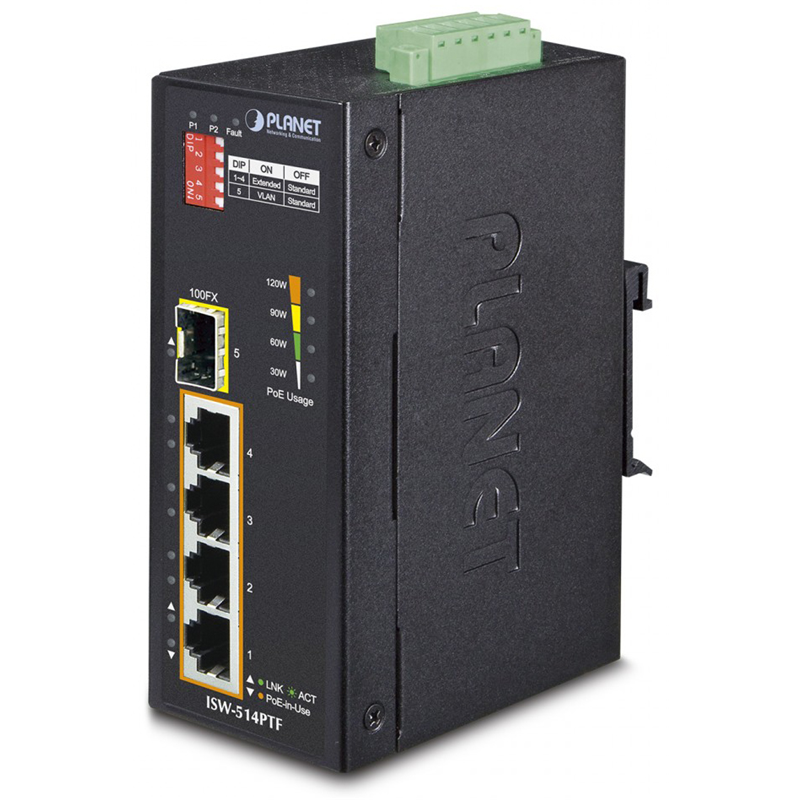 ISW-514PTF индустриальный PoE коммутатор для монтажа в DIN-рейку/ IP30 4-Port/TP + 1-Port Fiber(SFP) POE Industrial Fast