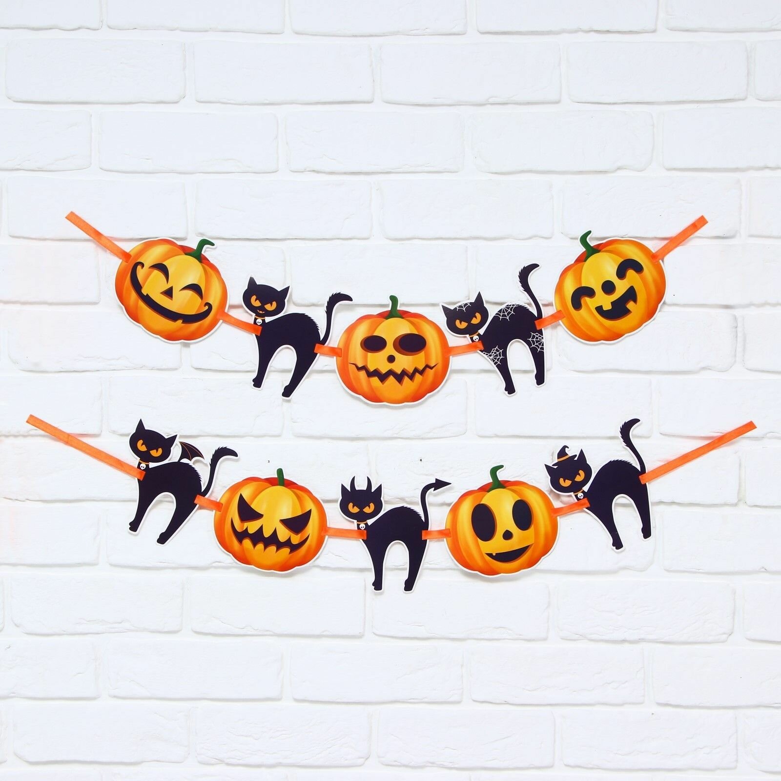 Растяжка на ленте Happy Halloween, кошки-тыквы, 250 см, бумажное украшение на хэллоуин