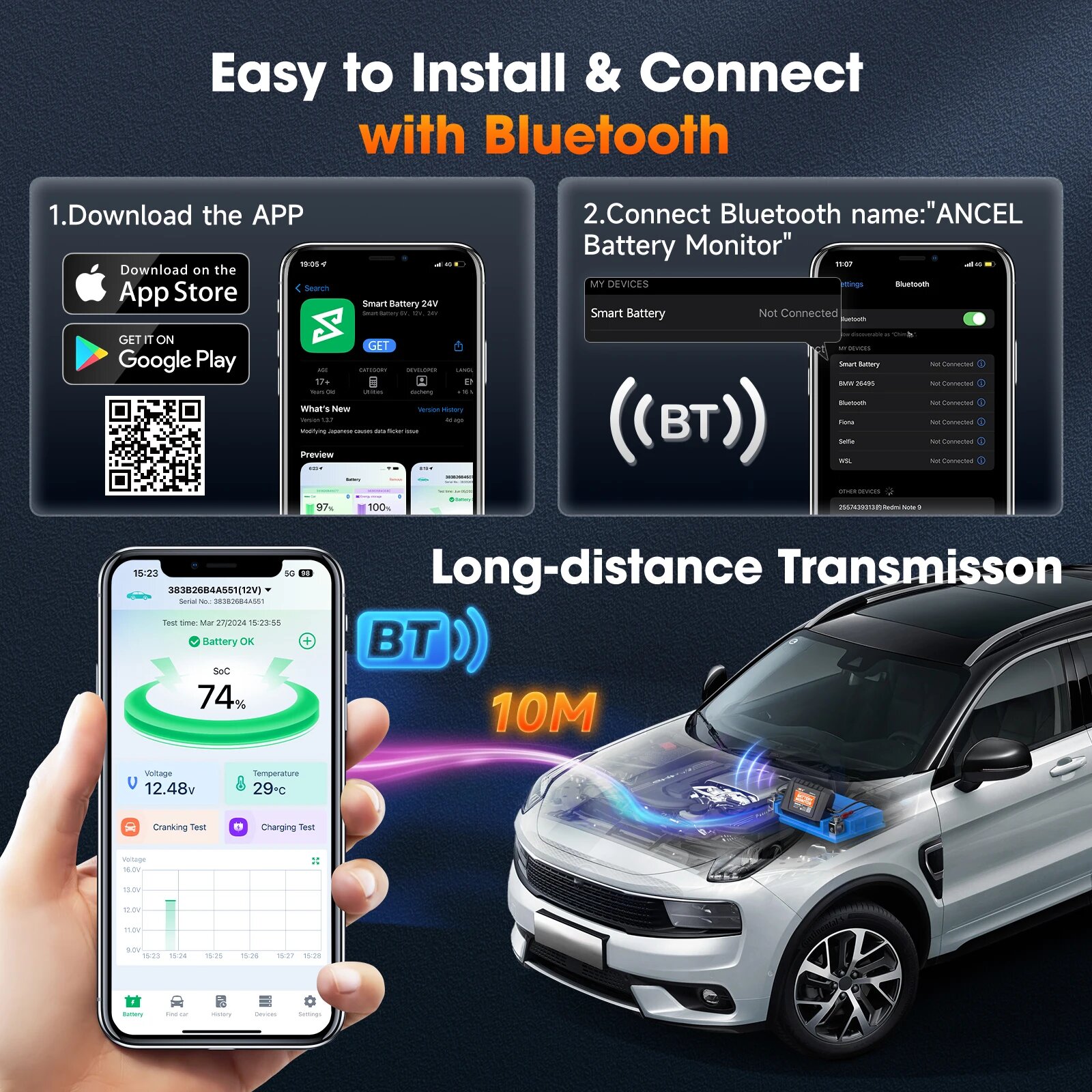 ANCEL BM300 Pro Тестер аккумуляторов 6 В 12 В 24 В Монитор аккумуляторов - Bluetooth для автомобиля SOH SOC Анализатор здоровья аккумуляторов PK BM200 PRO, ANCEL BM300 PRO — фото 1