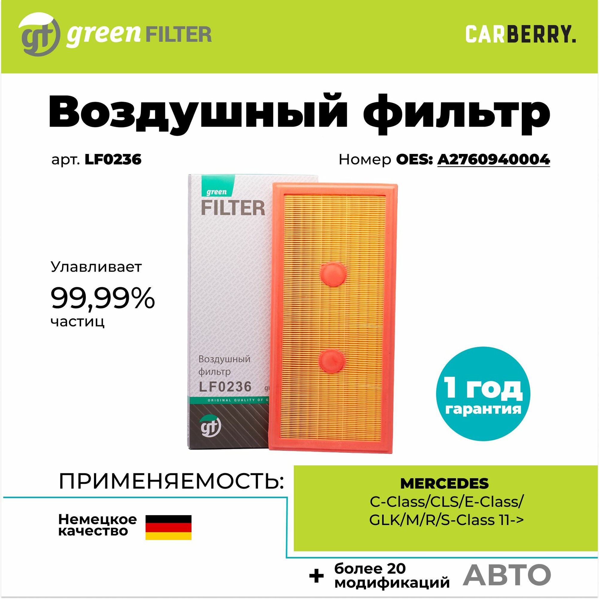 Фильтр воздушный Green Filter LF0236 для MERCEDES BENZ C-Class, CLS, E-Class, GLK, M, R, S-Class