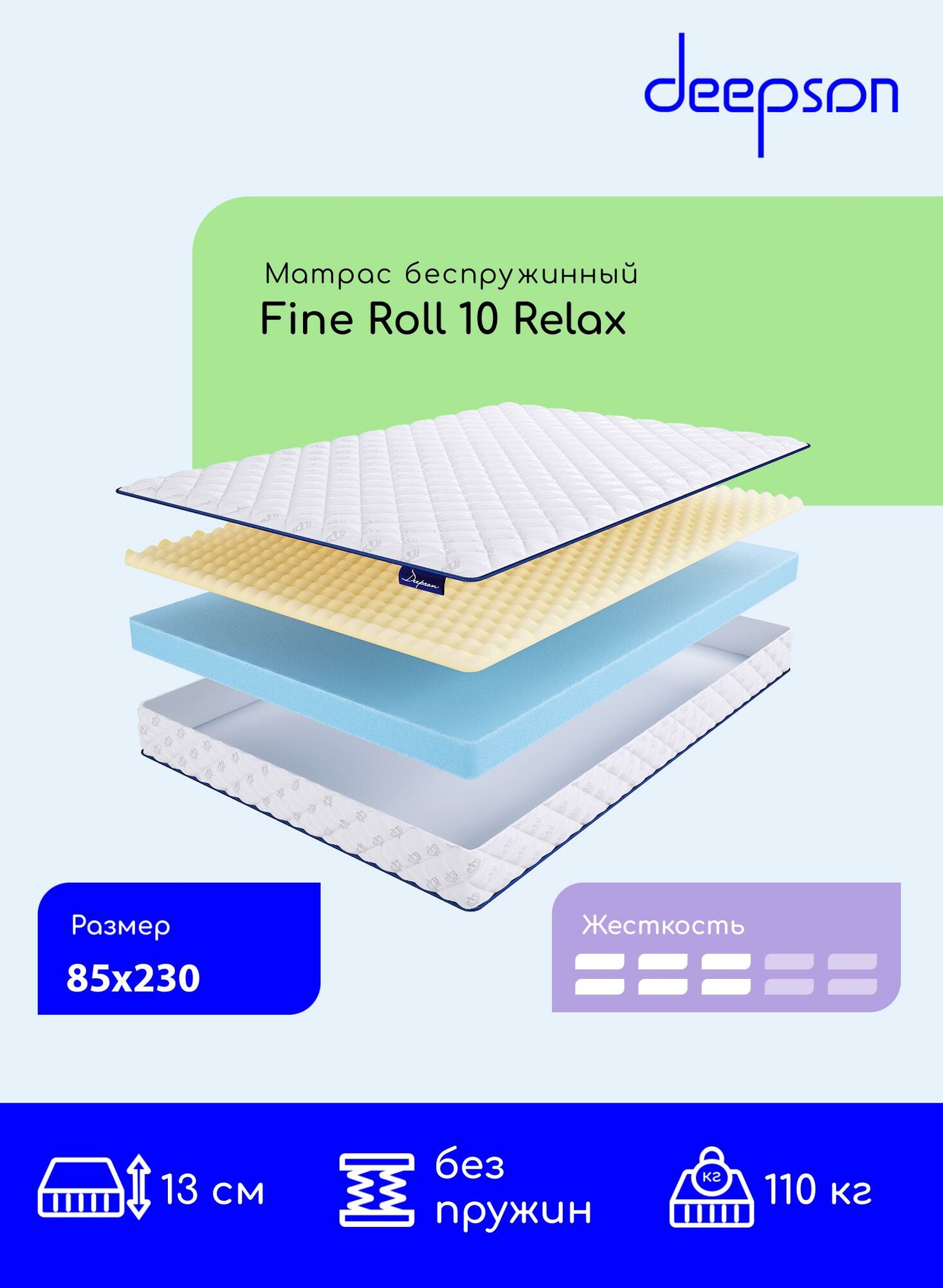 Матрас 85x230 ортопедический беспружинный Deepson Fine Roll 10 Relax
