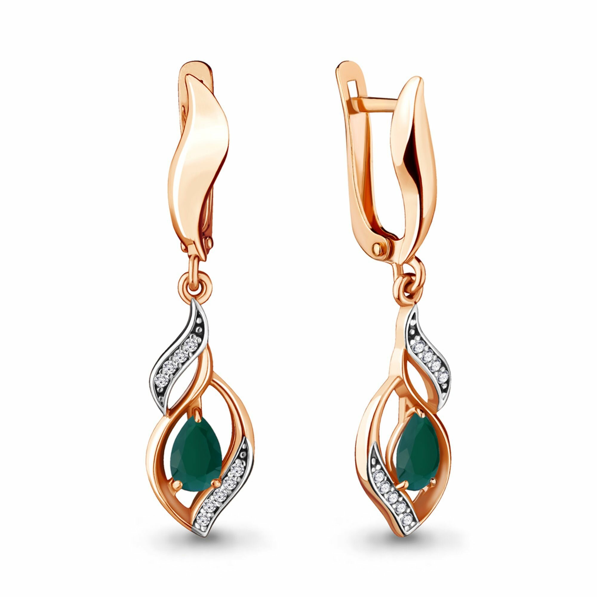Серьги Diamant online, серебро, 925 проба, золочение, агат, фианит, длина 3.5 см, , бесцветный, бирюзовый