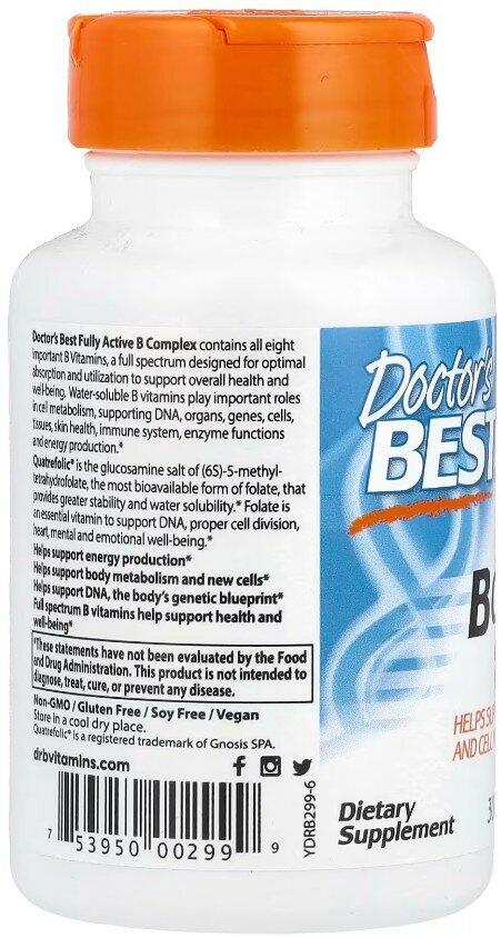 Изображение Doctor's Best, комплекс активных витаминов группы B, с Quatrefolic, 30 капсул