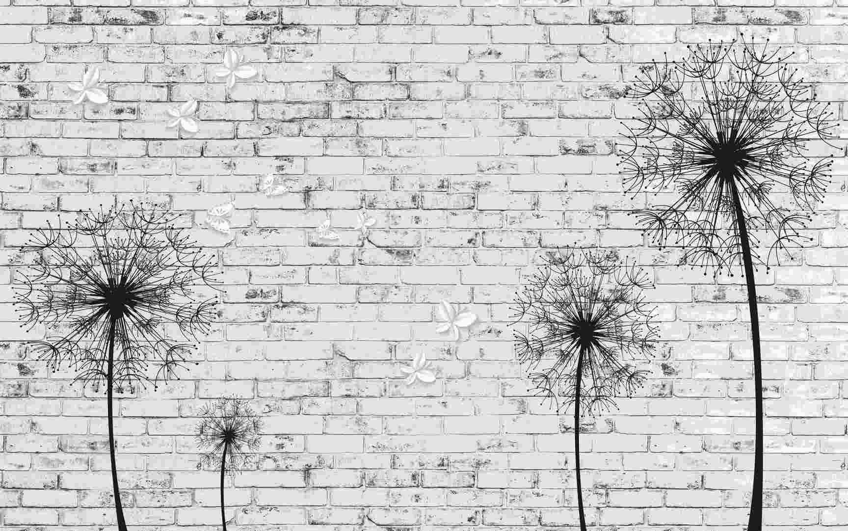 Фотообои на стену антивандальные 400х260см Одуванчики на стене 3D винил на флизелине зеркальные