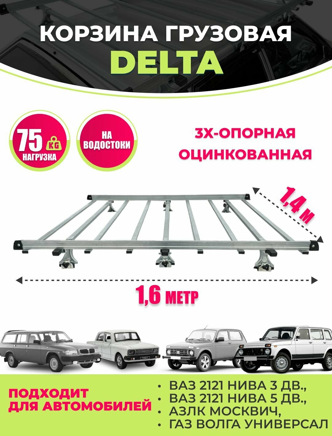 Багажник корзина на крышу автомобиля DELTA на водостоки 3-х опорный для Нива 2121-2131-21213 / Нива 3 и 5 дверн/ Волга 2410-3110 со съемной корзиной оцинкованная сталь / Багажная грузовая автокорзина