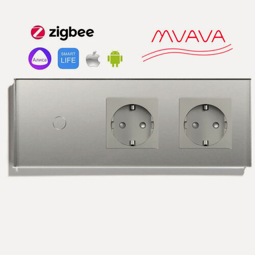 Изображение товара Умный сенсорный выключатель с двумя розетками MVAVA, одноклавишный, ZigBee, с Алисой, 3 поста, стеклянная панель, серый