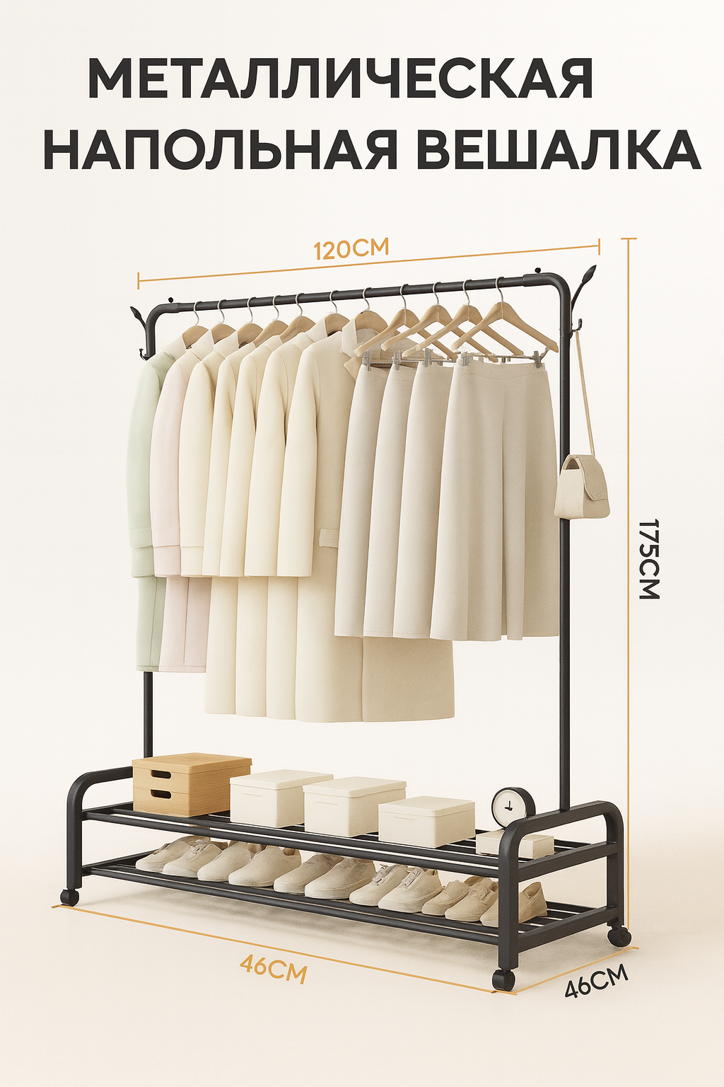 Вешалка напольная для одежды металлическая, чёрная, с полкой для обуви.