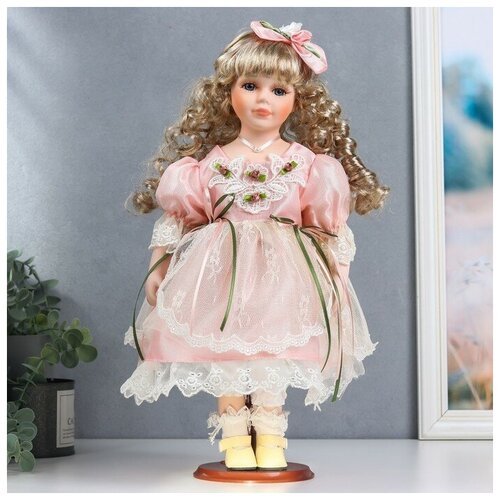 Купить Кукла коллекционная керамика Женя в нежно-розовом платье с кружевом 40 см, Нет бренда