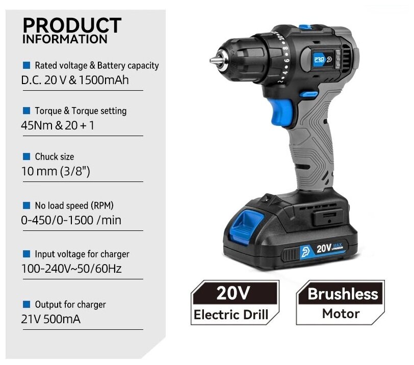 Шуруповерт PROSTORMER 20В 1,5Ач PSBD2001 (PTET1041E) - фотография № 2