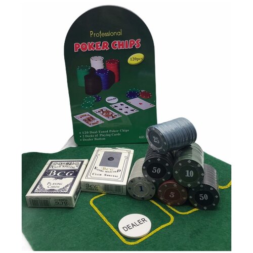 Покер, набор для игры (120 фишек, 2 колоды карт), с номиналом, 52 х 34 см 9225156 .