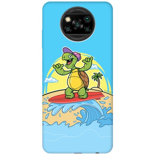 фото Силиконовая чехол-накладка silky touch для xiaomi poco x3 с принтом "turtle surfer" голубая gosso