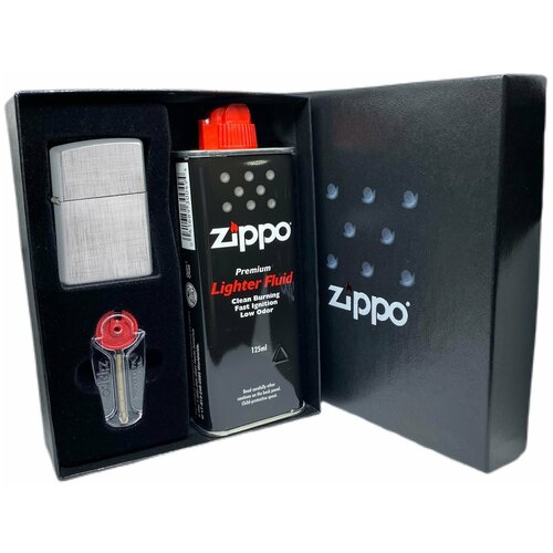 Подарочный набор ZIPPO ( Зажигалка ZIPPO 28181 Classic, серебристая, с покрытием Brushed Chrome + кремни + топливо, 125 мл )