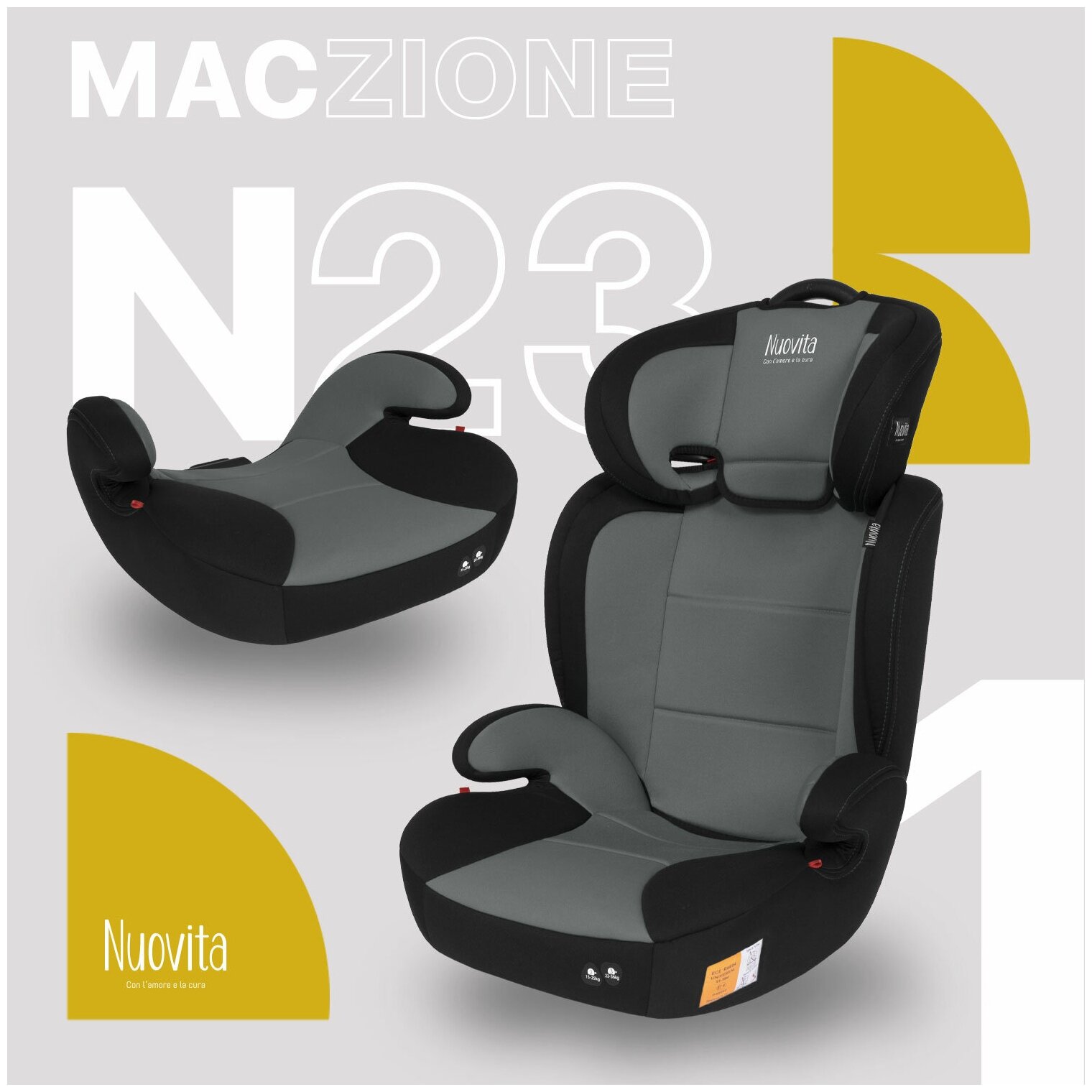 Автокресло детское Nuovita Maczione N23-1, группа 2/3, от 3,5 до 12 лет, от 15 до 36 кг/ трансформируется в бустер (Grigio/Серый)