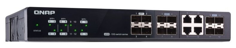 QNAP Коммутатор QNAP QSW-M1204-4C Managed 10 Gbps switch with 12 SFP + ports, 4 of which are combined with RJ-45, throughput up to 240 Gbps, JumboFrame support.