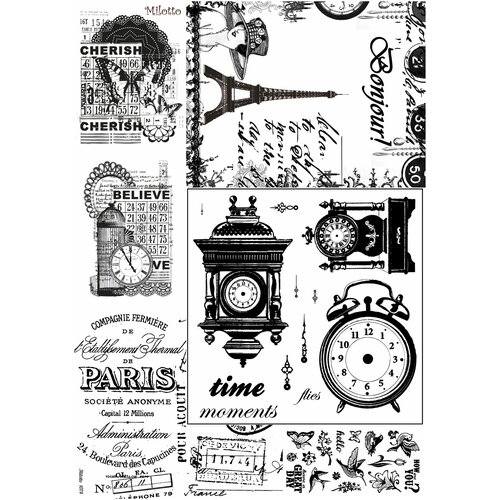 Рисовая бумага для декупажа А4 ультратонкая салфетка 1074 чб Париж часы миниатюра винтаж крафт Milotto