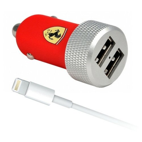 Автозарядка Ferrari Scuderia Dual USB 2.1A + кабель Ligtning красная