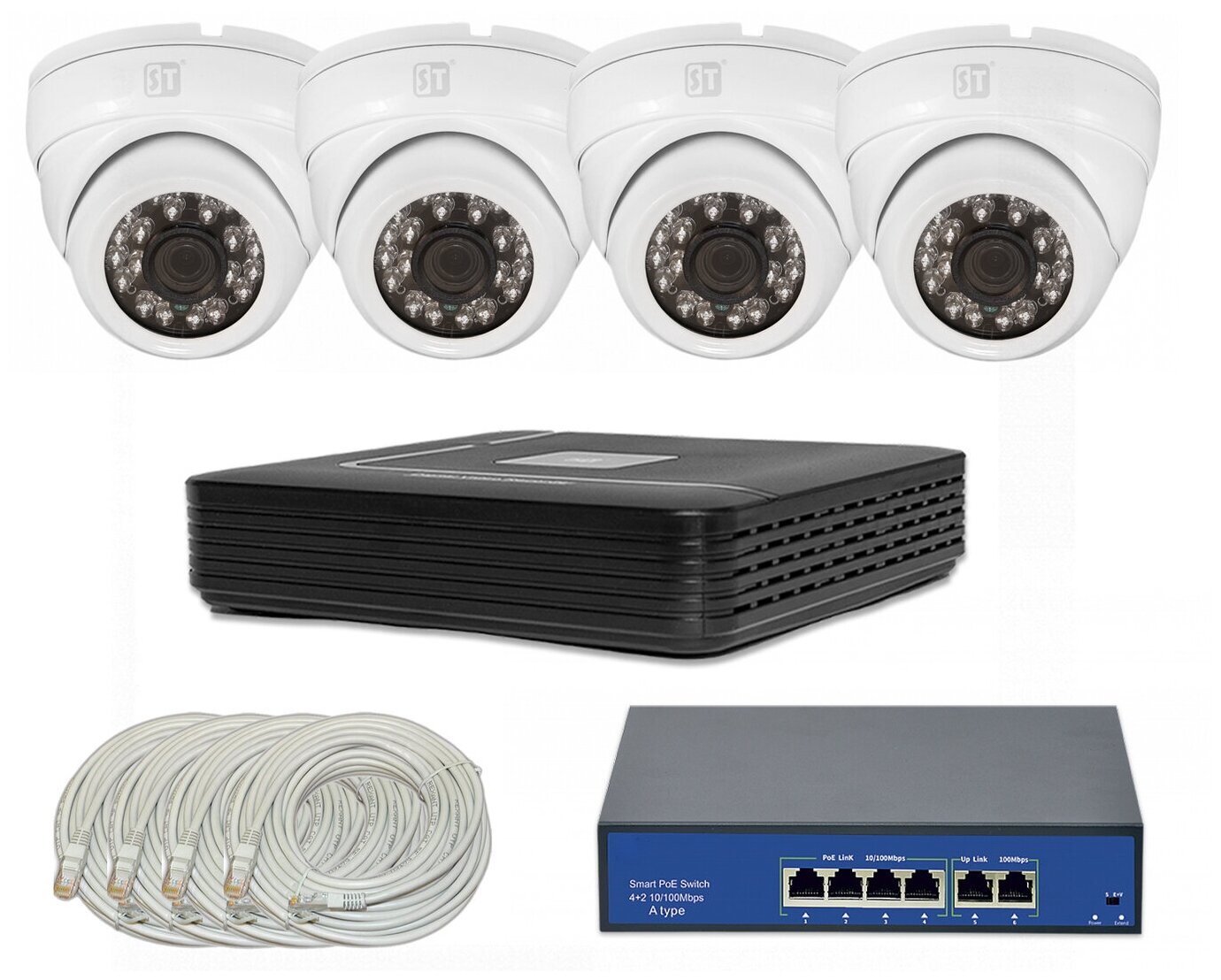 Готовый комплект IP видеонаблюдения 4 внутренние камеры 2MP ST-KIT-IP42HD