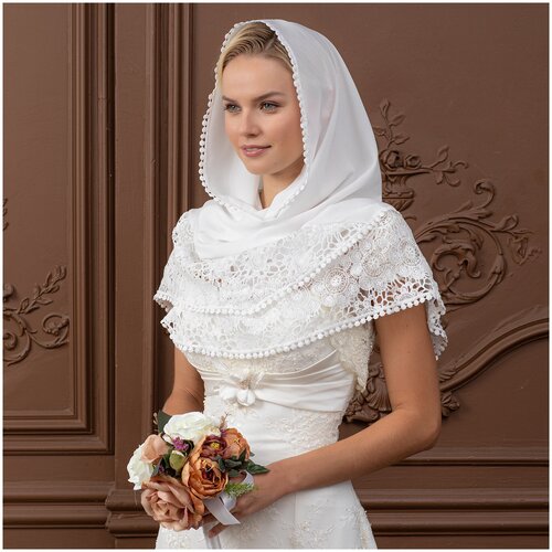 фото Церковный шарф - палантин с кружевной вставкой "роза" с заколкой /крестины /крещение /венчание / не спадает /пасхальный палантин / хор /школа крестим деток