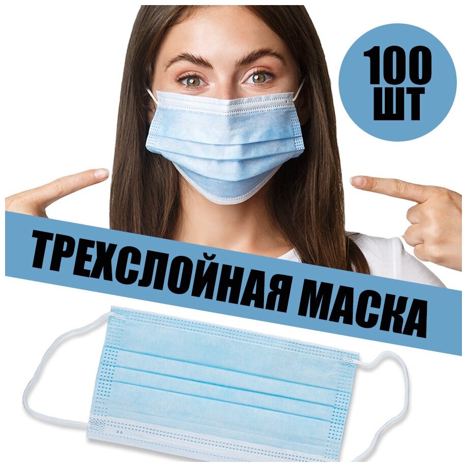 Медцинские маски трехслойные с носовым фиксатором, синие (100шт), BestGoods