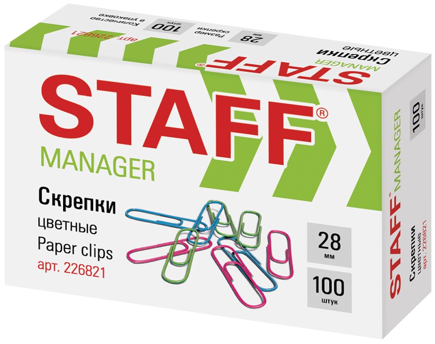 Скрепки STAFF Manager, 28 мм, цветные, 100 шт, в картонной коробке, 226821