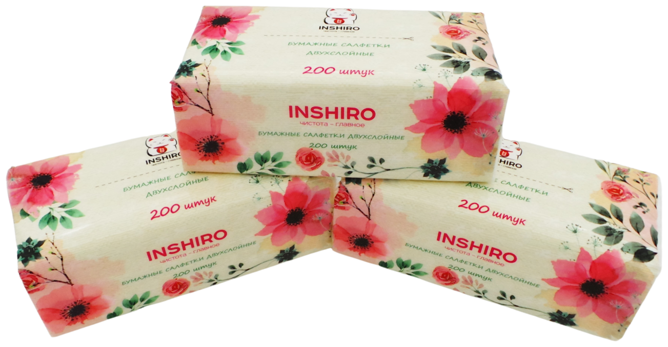 Салфетки в коробке 200 шт, INSHIRO SilkFlower 2-х. сл. белые.