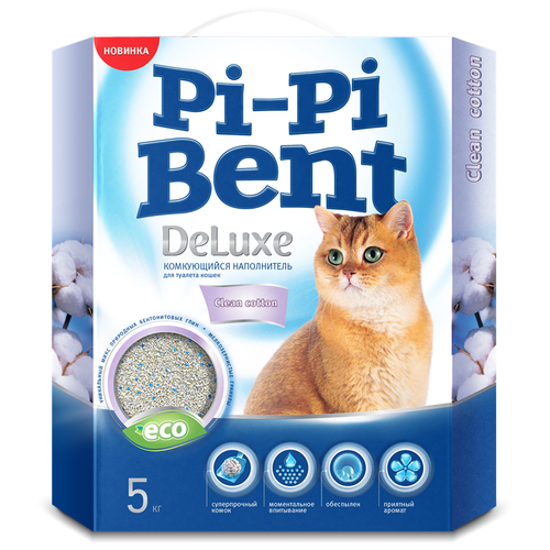 Pi-Pi Bent Комкующийся наполнитель для туалета кошек Pi-Pi Bent DeLuxe Clean Cotton, коробка, 5 кг, 4 шт.