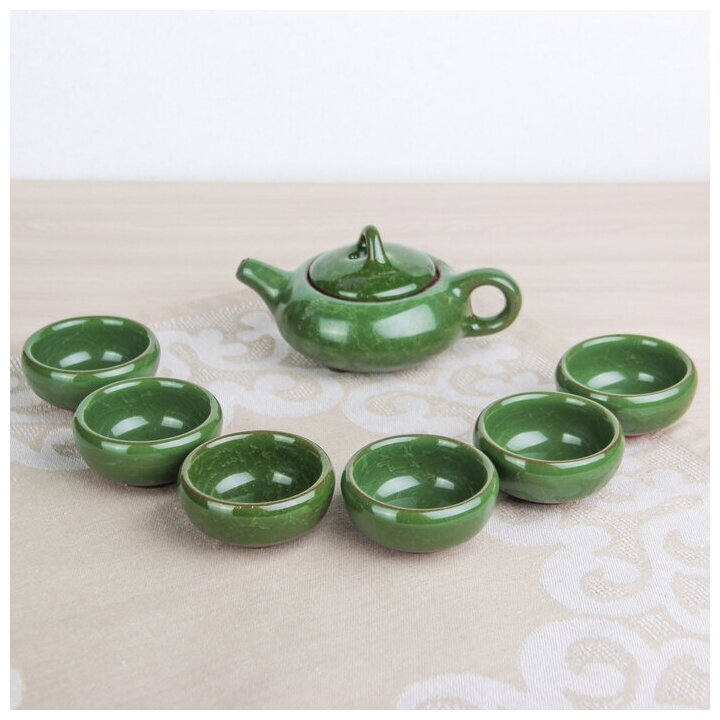 фото Набор для чайной церемонии керамический "Лунный камень", 7 предметов: чайник 150 мл, 6 пиал 50 мл, цвет зелёный