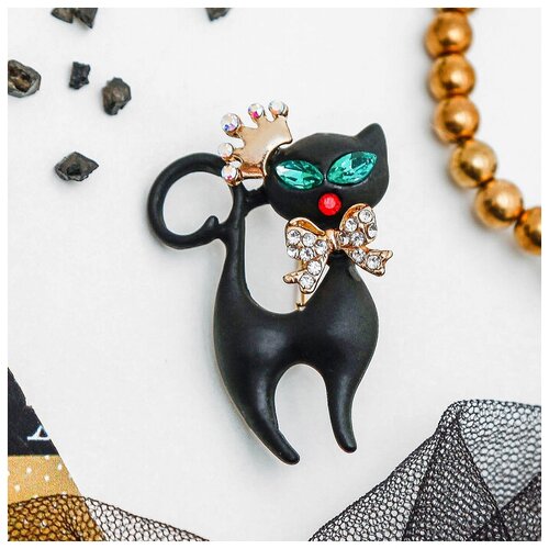 статуэтка кошка грация 22 см черный матовый Брошь Queen Fair, стразы, стекло, эмаль, черный, золотой