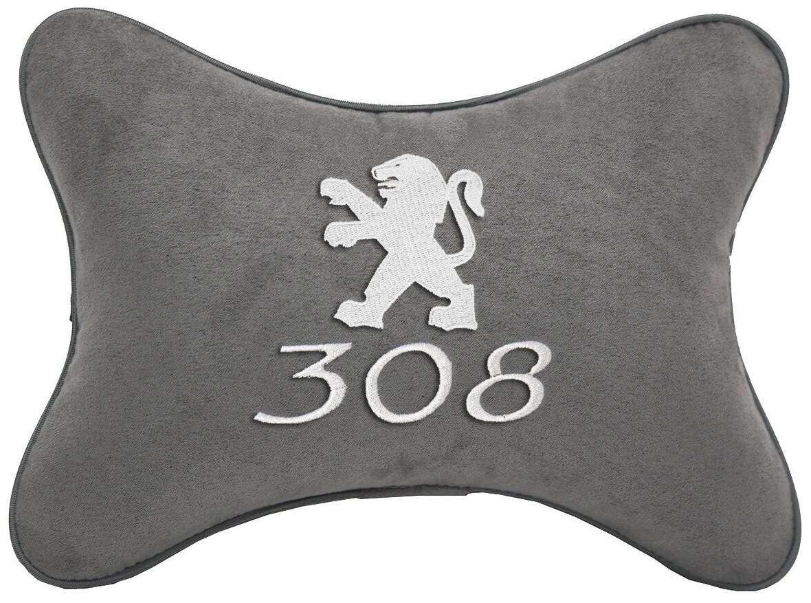 Автомобильная подушка на подголовник алькантара L.Grey c логотипом автомобиля PEUGEOT 308