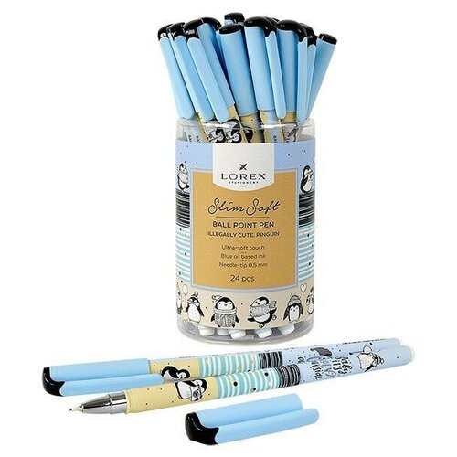 Ручка масляная LOREX ILLEGALLY CUTE PINGUIN серия Slim Soft, круглый прорезиненный корпус, синие чернила, игловидный наконечник 0,5мм, 24 штуки