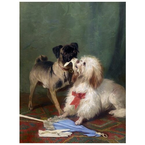 Репродукция на холсте Мопс и мальтиец играют (A Pug And A Maltese Playing Tug-Of-War) Конрадин Кунеус 50см. x 67см.