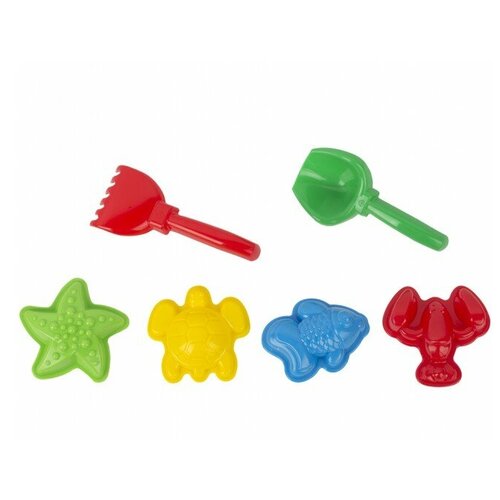 Купить «Игра детский песочный набор 6 предметов (формы для песка, совок, грабли)», СТРОМ, красный/голубой/желтый/зеленый, пластик