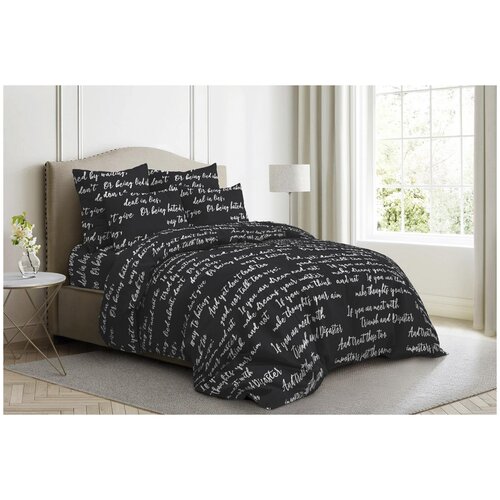 фото Постельное белье 2-спальное с европростыней веселина леттеринг, бязь, 2 наволочки 50 х 70 см, черный