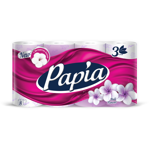 бумага туалетная papia silk edition белая 3 слоя 6 шт Туалетная бумага Papia белая трехслойная 8 рул. 140 лист., белый, балийский цветок