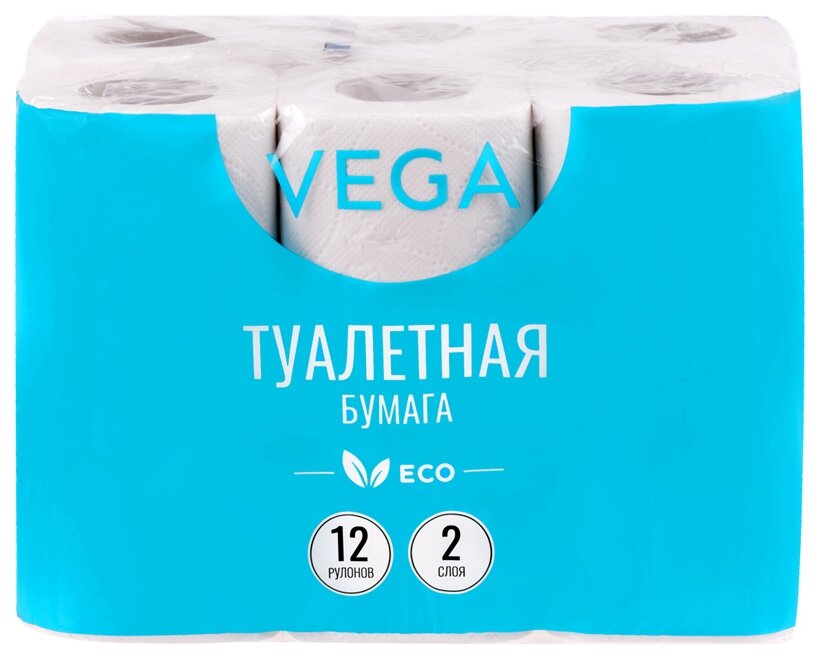 Бумага туалетная Vega 2-слойная, 12шт, эко, 15м