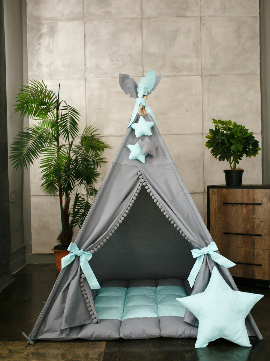 Вигвам детский с ковриком, окошком , подушкой и антискладывателем темно-серый/мятный