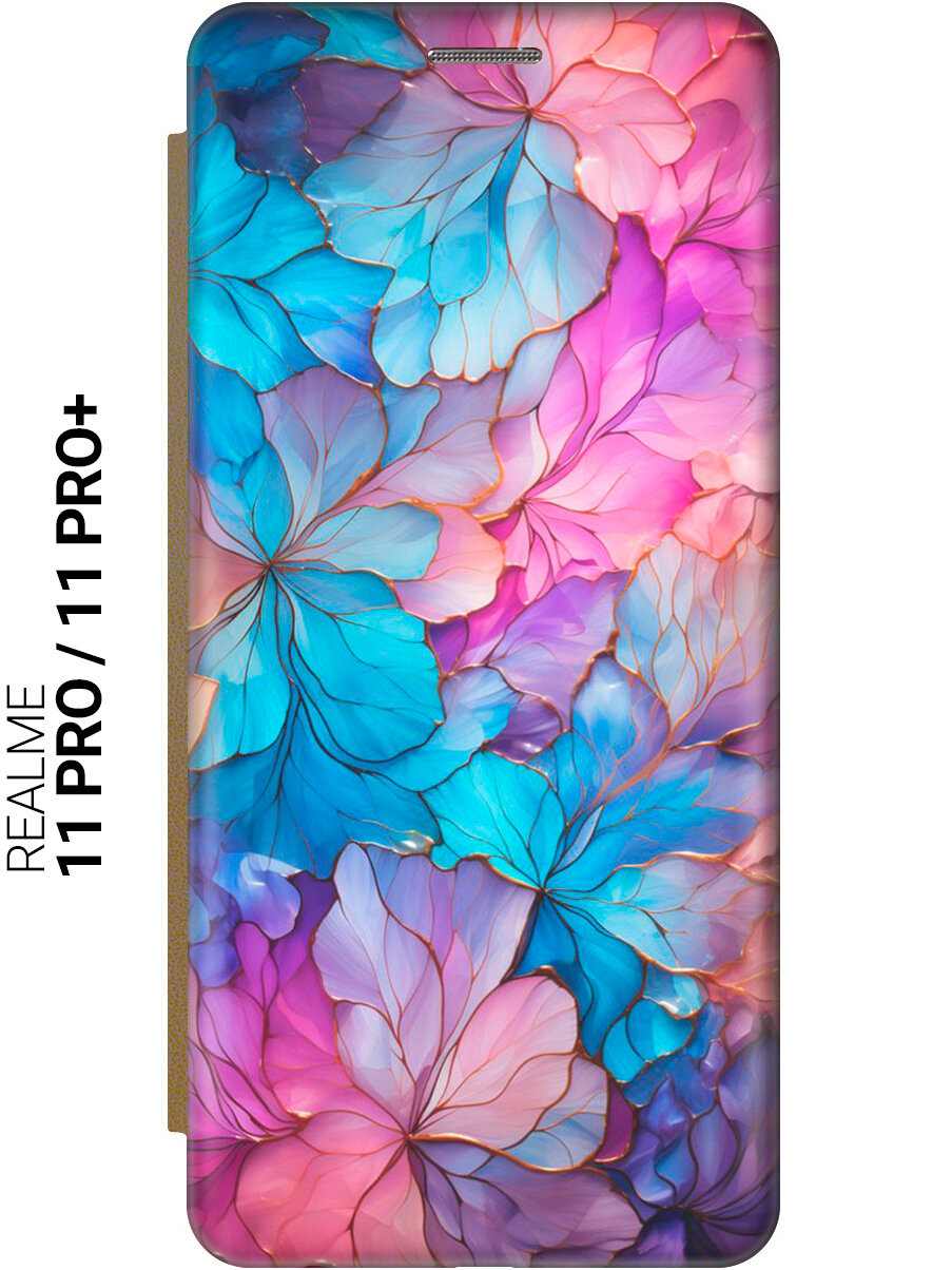 Чехол-книжка на Realme 11 Pro / 11 Pro+ / Рилми 11 Про / 11 Про + с рисунком "Цветочный витраж" золотой
