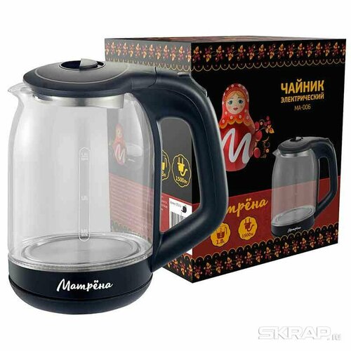 Чайник электрический 18Л 1500ВТ диск стекло внутр подсв 5416 черн матрена 239100₽