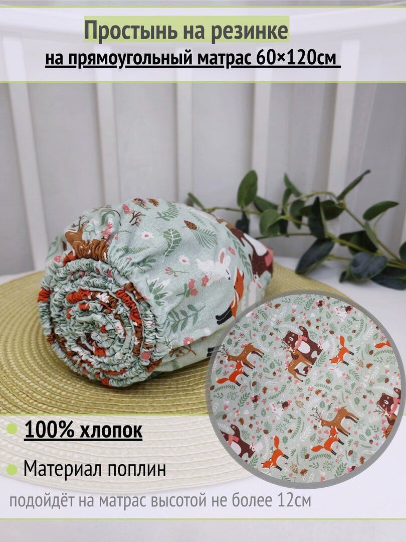 фото Простынь на резинке на матрас "Звездопад на мятном тейково" 60х120