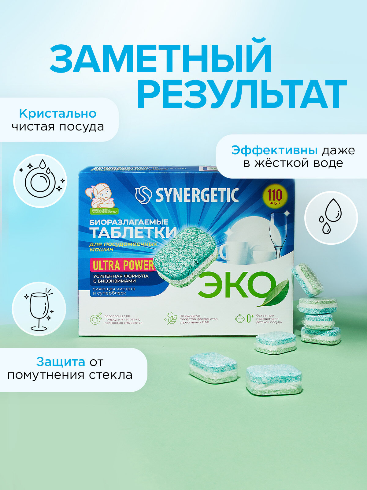 Таблетки для посудомойки Synergetic "Ultra Power", без запаха, 100 штук, 2,05 кг — фото 1