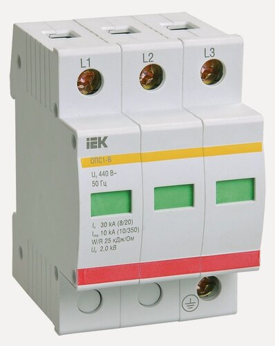 Изображение товара Ограничитель импульсного перенапряжения IEK ОПС1-C 3P 20/40кА 400В, варистор, IP20, DIN-рейка 35мм