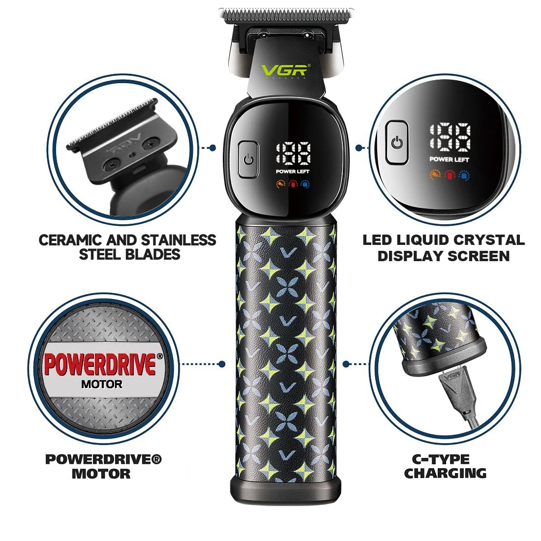 Триммер VGR V-185, для волос и бороды, нержавеющая сталь, быстрая зарядка, черный