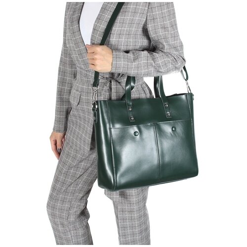 фото Сумка/сумка женская/натуральная кожа/meyninger/а-св-8126-1/темно-зеленый/модель шоппер/с плечевым ремешком