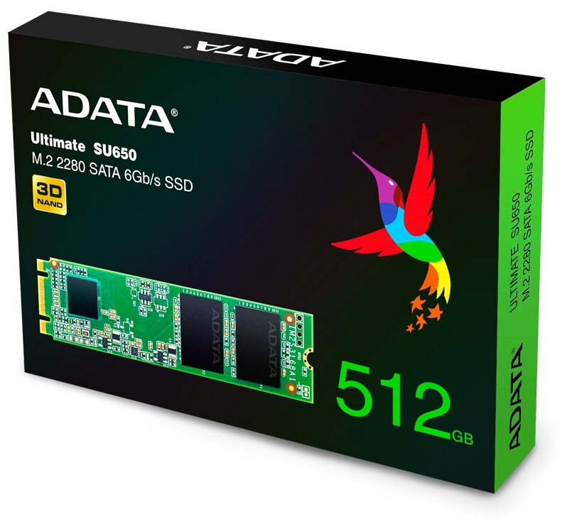 Накопитель SSD M.2 2280 ADATA ASU650NS38-512GT-C Ultimate SU650 512GB SATA 6GB/s TLC 550/510MB/s, IOPS 80K/60K, MTBF 2M